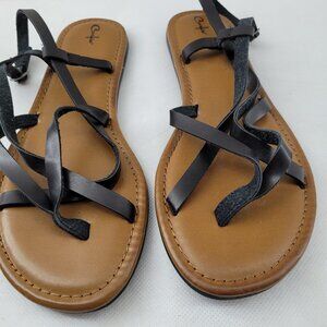 Curfew Sandals Women's 11 Black & Brown Strappy Adjustable Summer Flats Like New